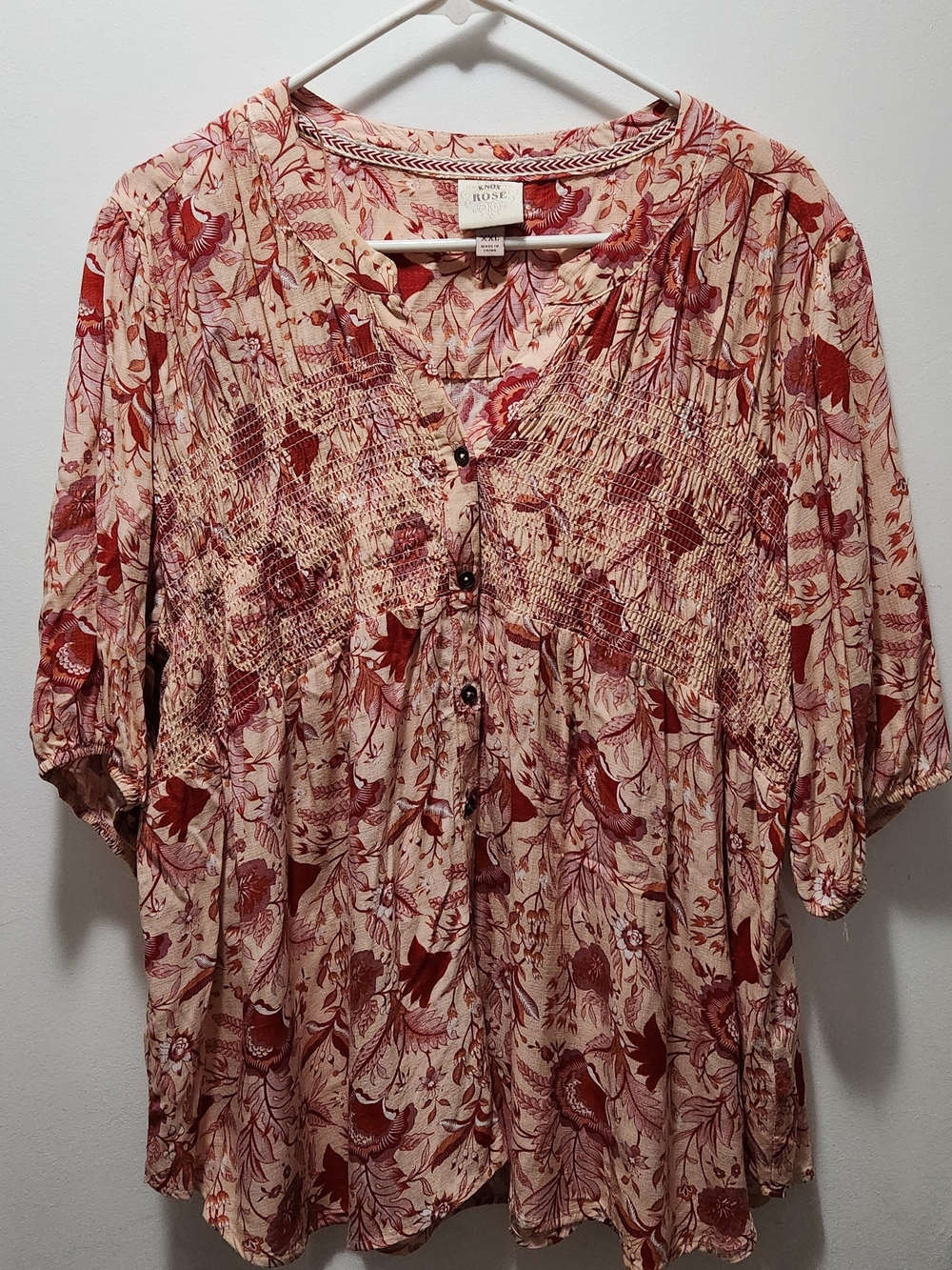 Knox Rose Cream and Rust Floral Smocked Button-Front Tunic